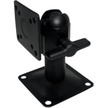 The Radio Mount JHD910 by Jensen is a black, adjustable metal bracket with a square base and swivel arm, featuring multiple screw holes for secure mounting of monitors or small devices, ideal for the Jensen JHD910.