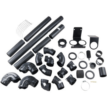 The Can Am ATV Snorkel Kit by High Lifter includes black ABS piping, elbows, clamps, and mounting hardware—ideal airbox accessories or for a CVT intake kit—shown spread out on a white surface.