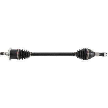 Black metal axle shaft with rubber bellows and silver metal joints on both ends for Can Am Maverick front left side.