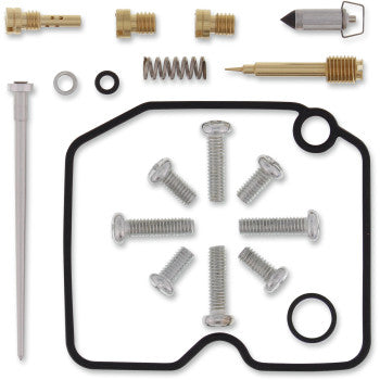 The Arctic Cat Carburetor Repair Kit by Moose Offroad includes fuel-resistant NBR O-rings, screws, springs, gaskets, a needle valve, and brass fittings—all arranged on a white background.