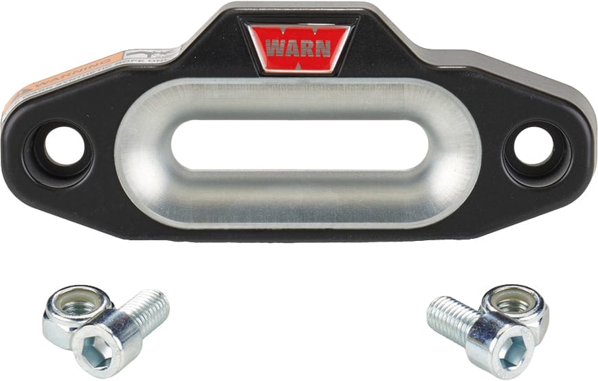 The ProVantage 25/3500-S Fairlead Hawse by Warn is a metal winch fairlead with a central oval opening, black edges, a red WARN logo on top, and two silver bolts below.