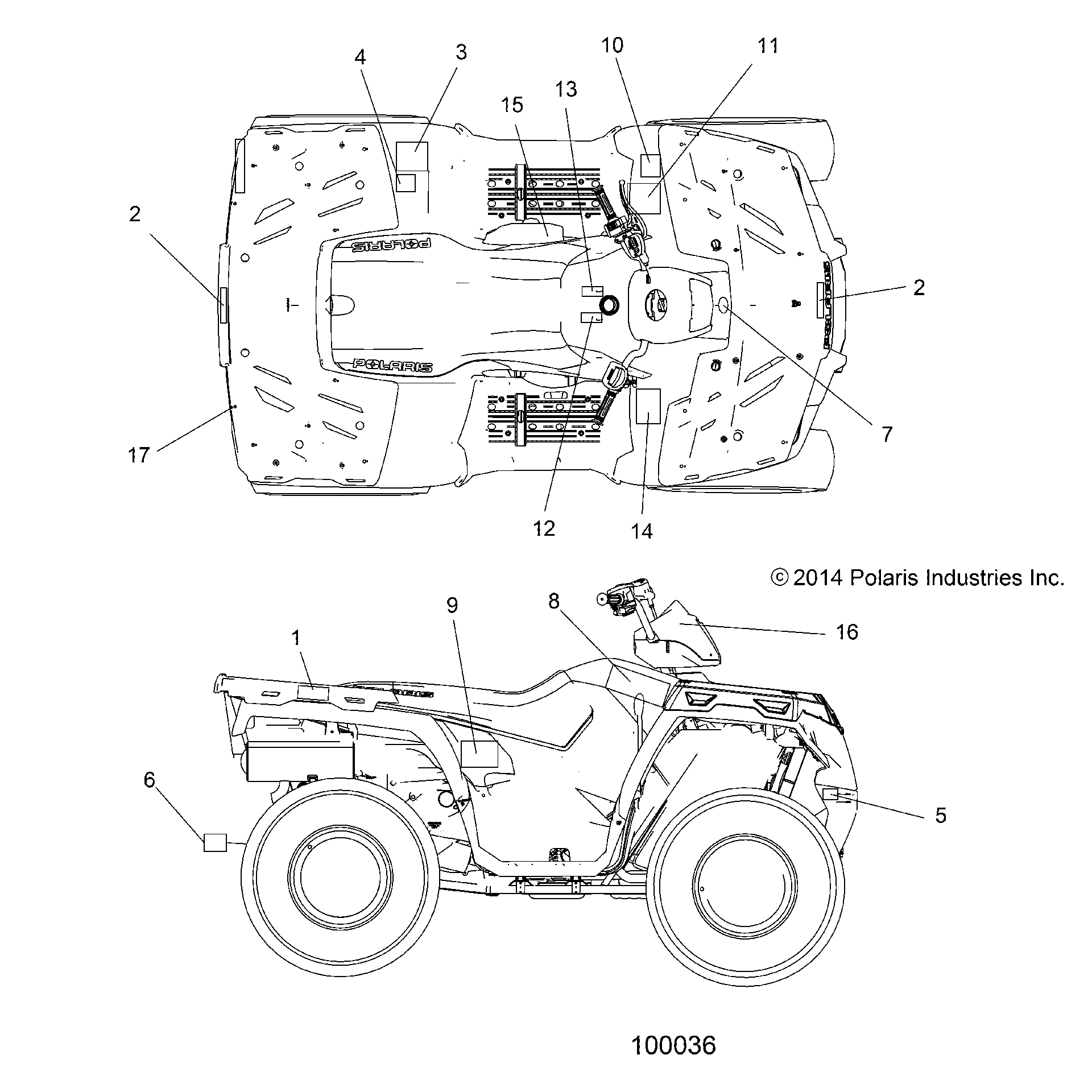 An Image of a Genuine Polaris Parts Schematic Diagram showing the schematic - BODY: DECALS - 2015 POLARIS SPORTSMAN 570 EFI