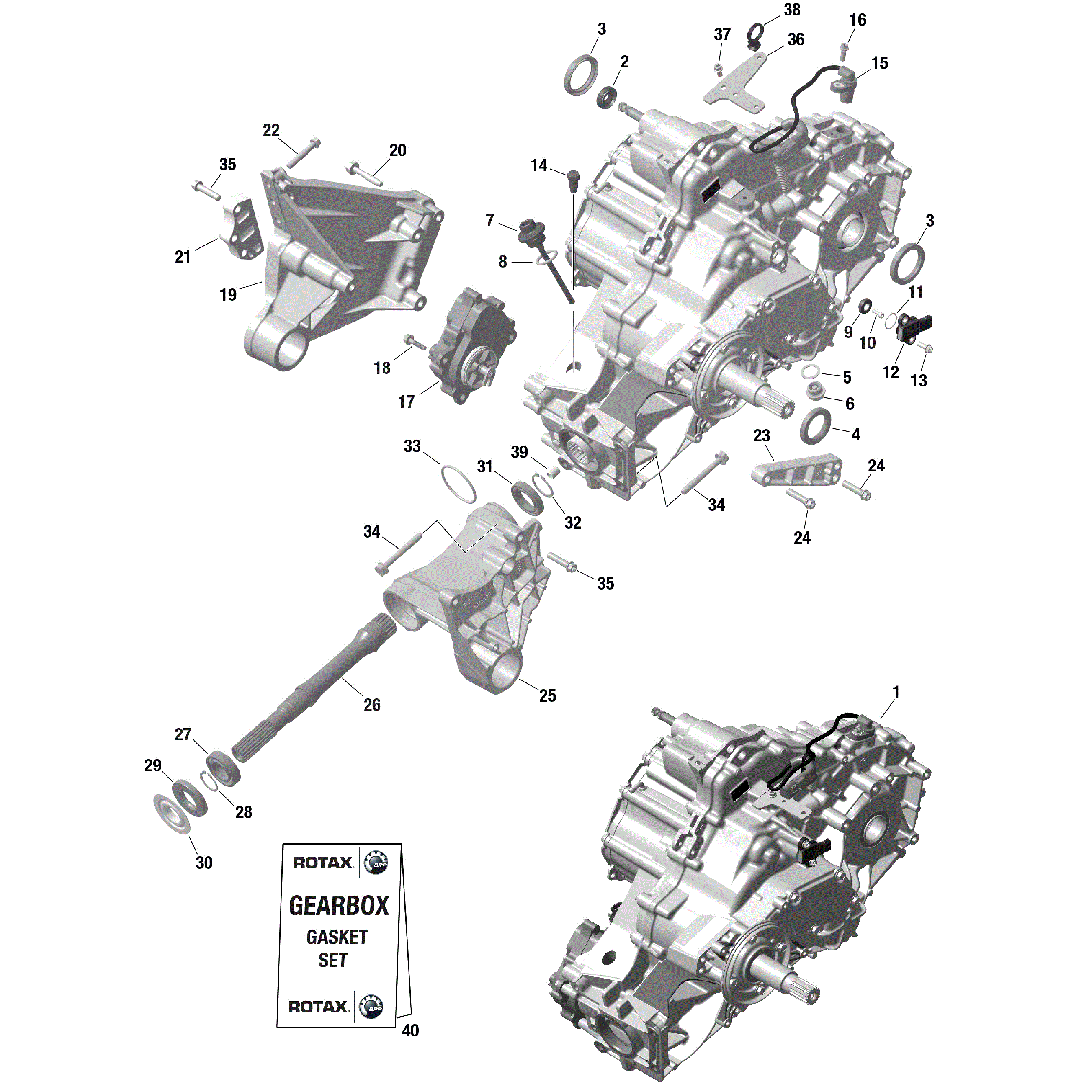 An Image of a Genuine Can-Am Parts Schematic Diagram showing the schematic - ROTAX - GEARBOX ASSY AND DRIVE SHAFT