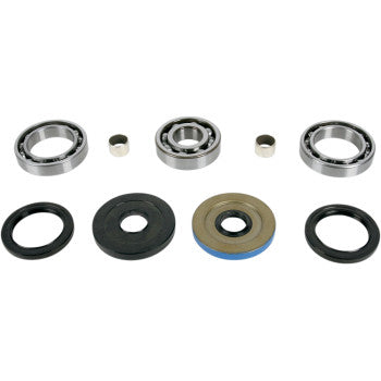 The Polaris Differential Bearing Seal Kit Rear by Moose Offroad includes three metal ball bearings, two cylindrical metal spacers, and four TC rubber or metal seals—arranged in two rows on a white background.