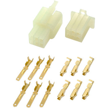 Two clear plastic 6-pin Electrical Connectors by Shindy, featuring twelve gold conductor pins below and organized on a white background—perfect for custom accessory wiring or factory harness applications.