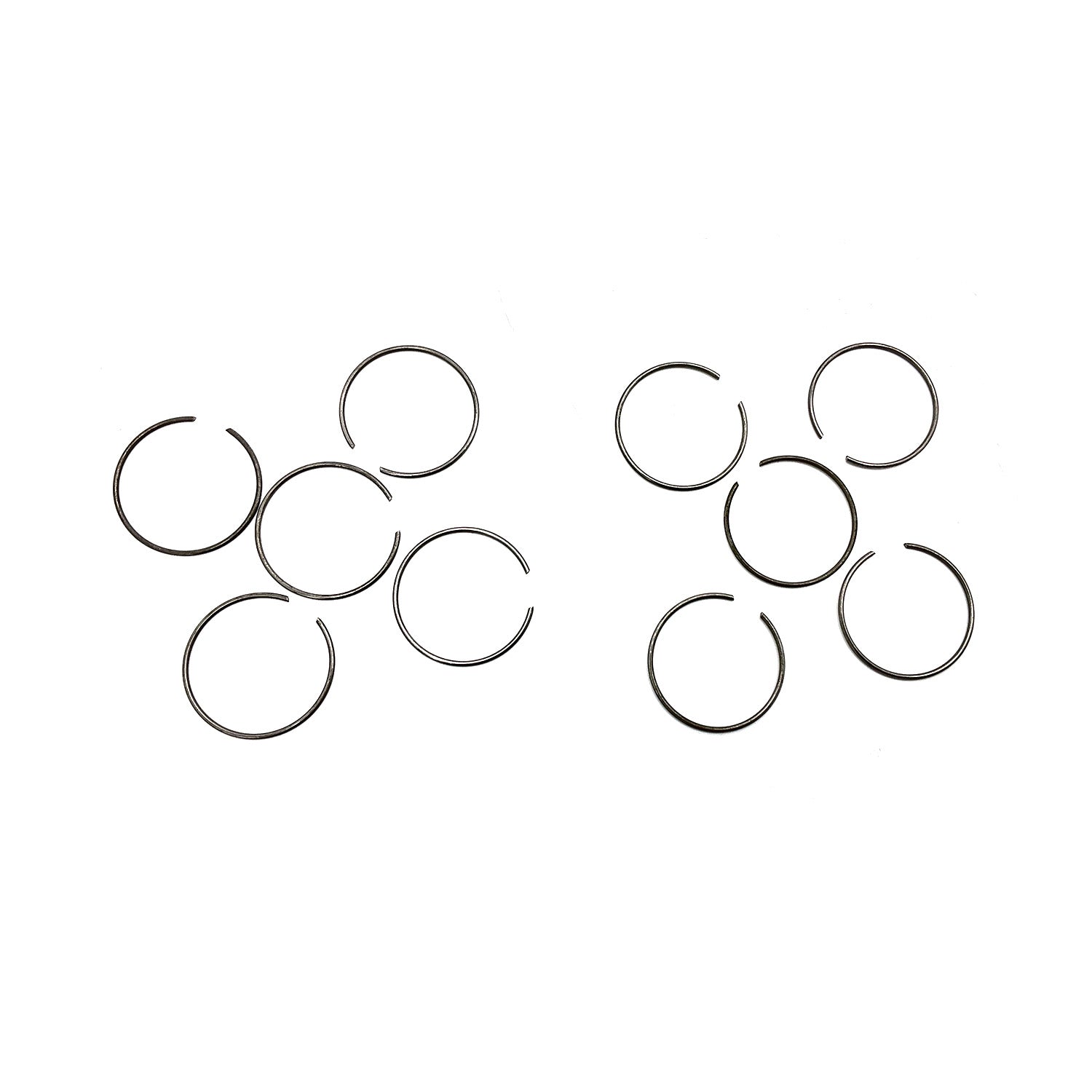 Set of eight thin, circular metal retaining ring covers with small open ends, black finish.