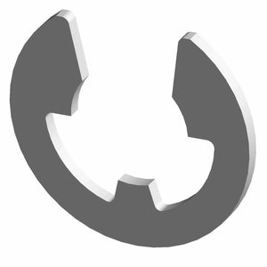 Gray metal E-clip retaining ring with three internal notches and rounded edges.