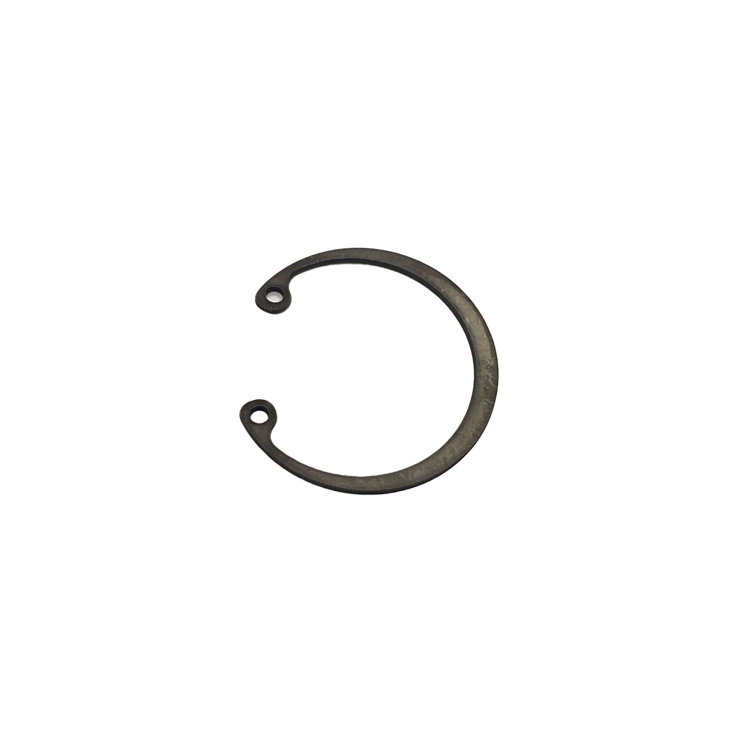 Black metal retaining ring with open ends and small holes for securing, 1.25-inch inner diameter.
