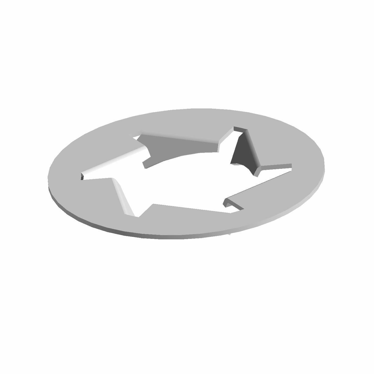 Gray metal push nut with star-shaped central opening and oval outer shape.