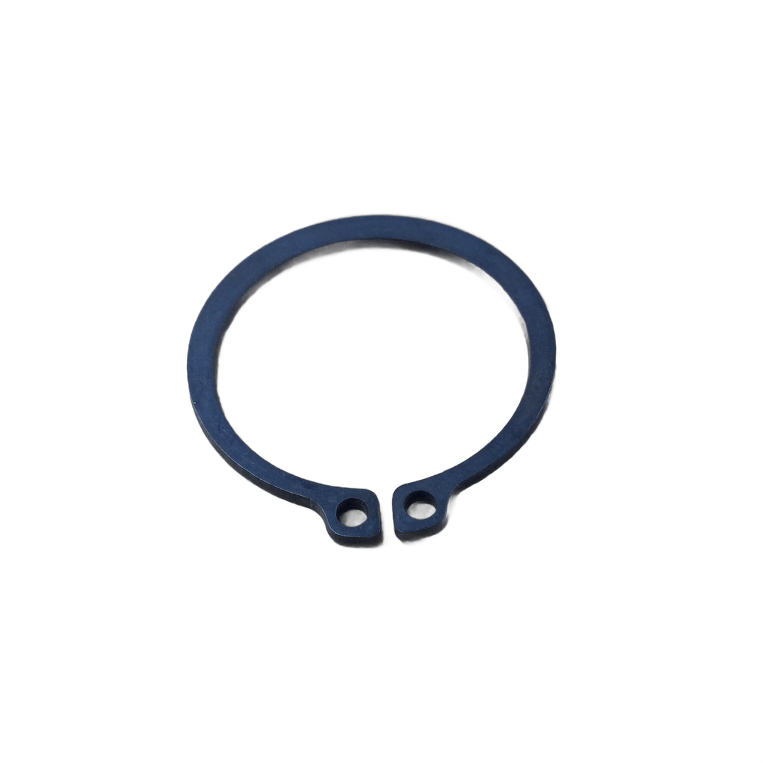 The Ring-Rtg,Ext,30.3X1.5 by Polaris is a black metal snap ring with end holes, used to secure parts on shafts or in bores—perfect for Polaris UTV and ATV models. OEM part shown on a white background.