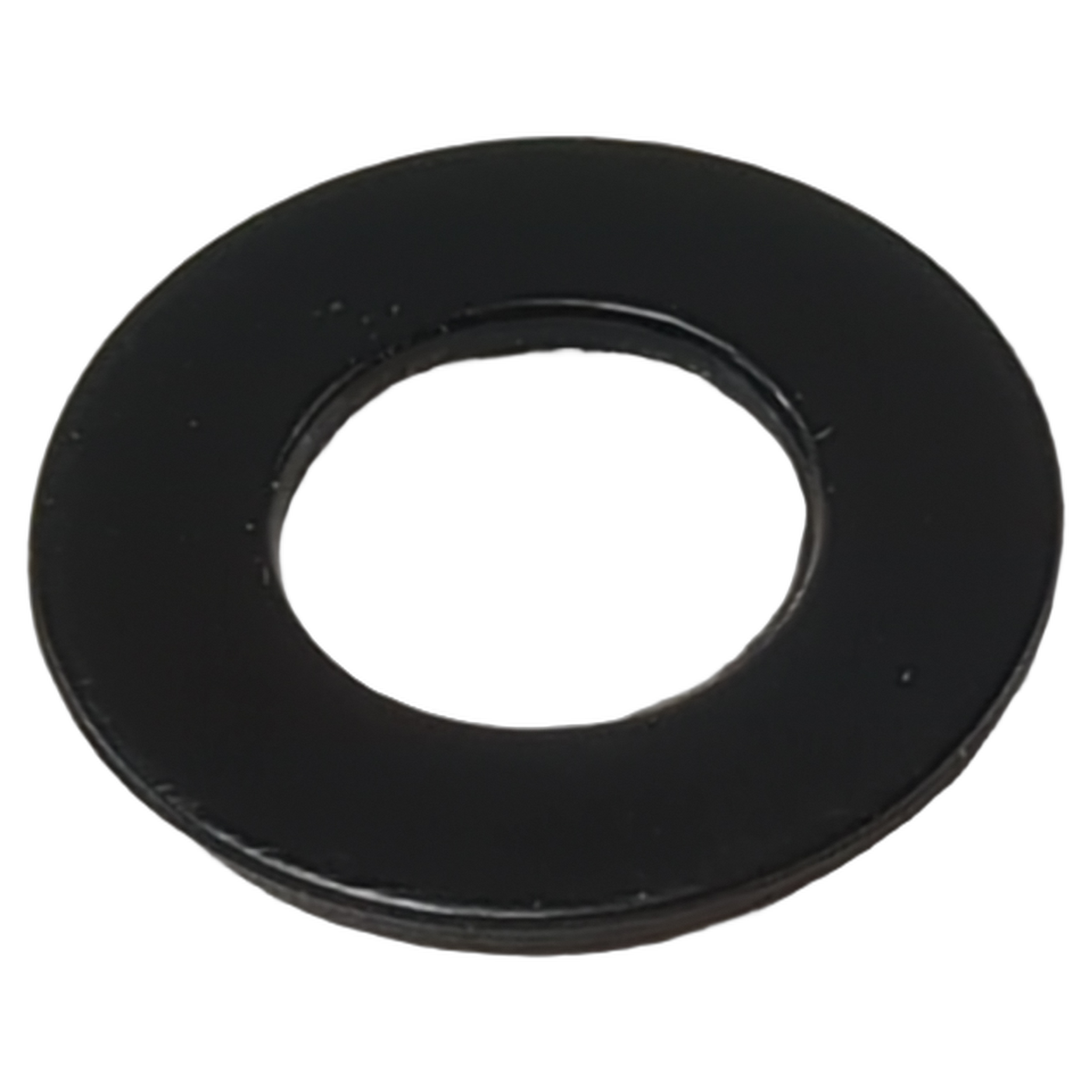 Black round metal retainer clip with a central hole and smooth flat surface.