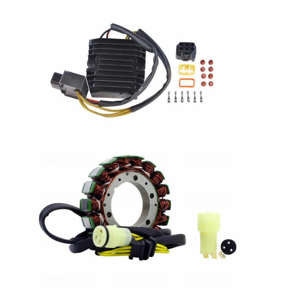 Black finned aluminum stator regulator with wiring harness and connectors, circular copper coil stator with attached wiring.