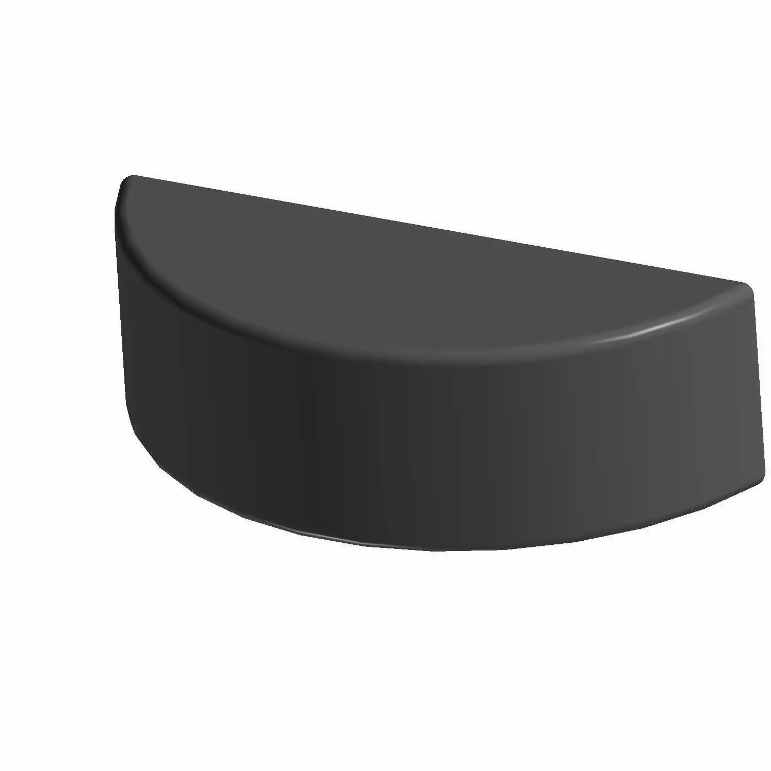 Black curved semi-cylindrical woodruff key with smooth surface and rounded edges.