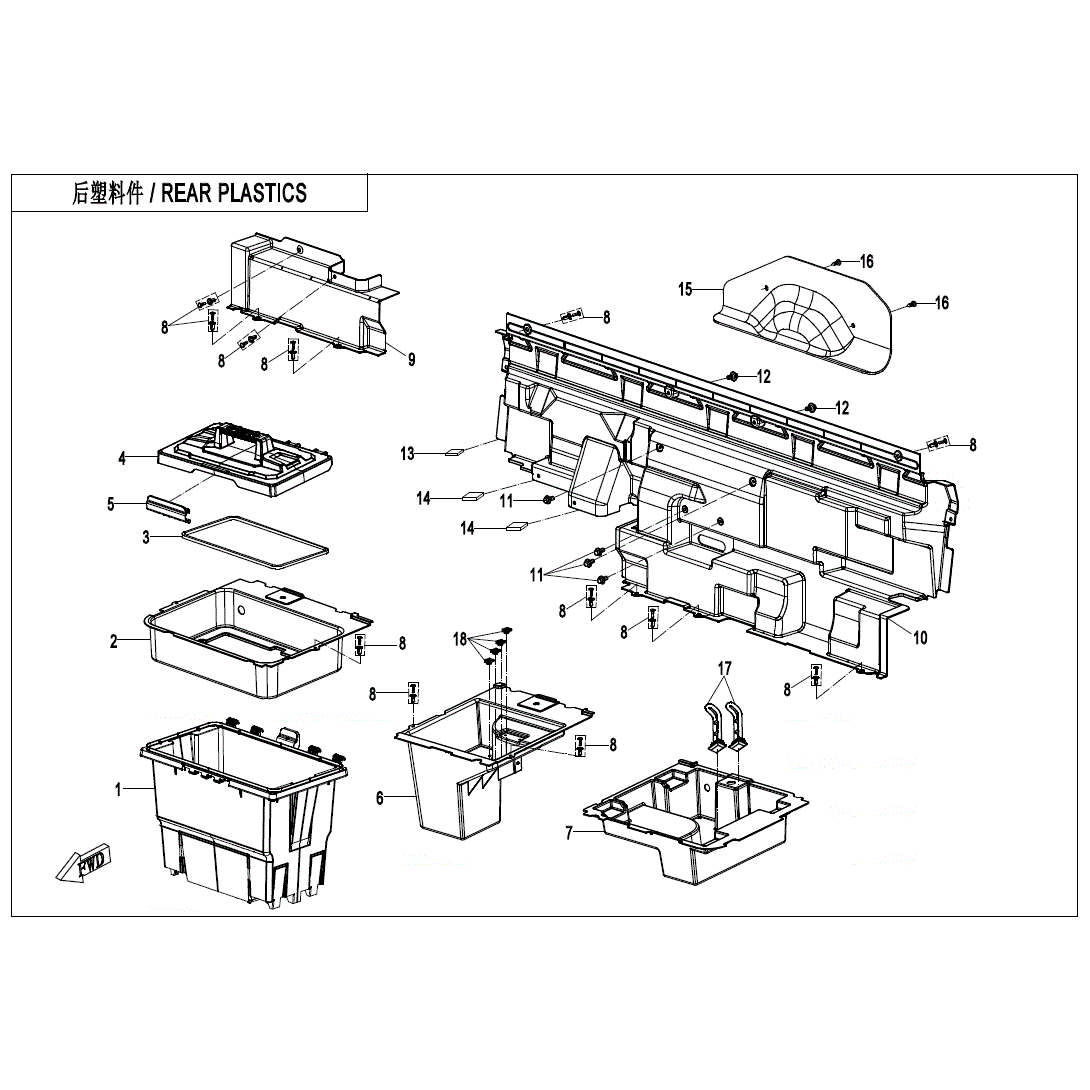 An Image of a Genuine CFMOTO Parts Schematic Diagram showing the schematic - REAR PLASTICS - 2023 CFMOTO UFORCE 1000 XL