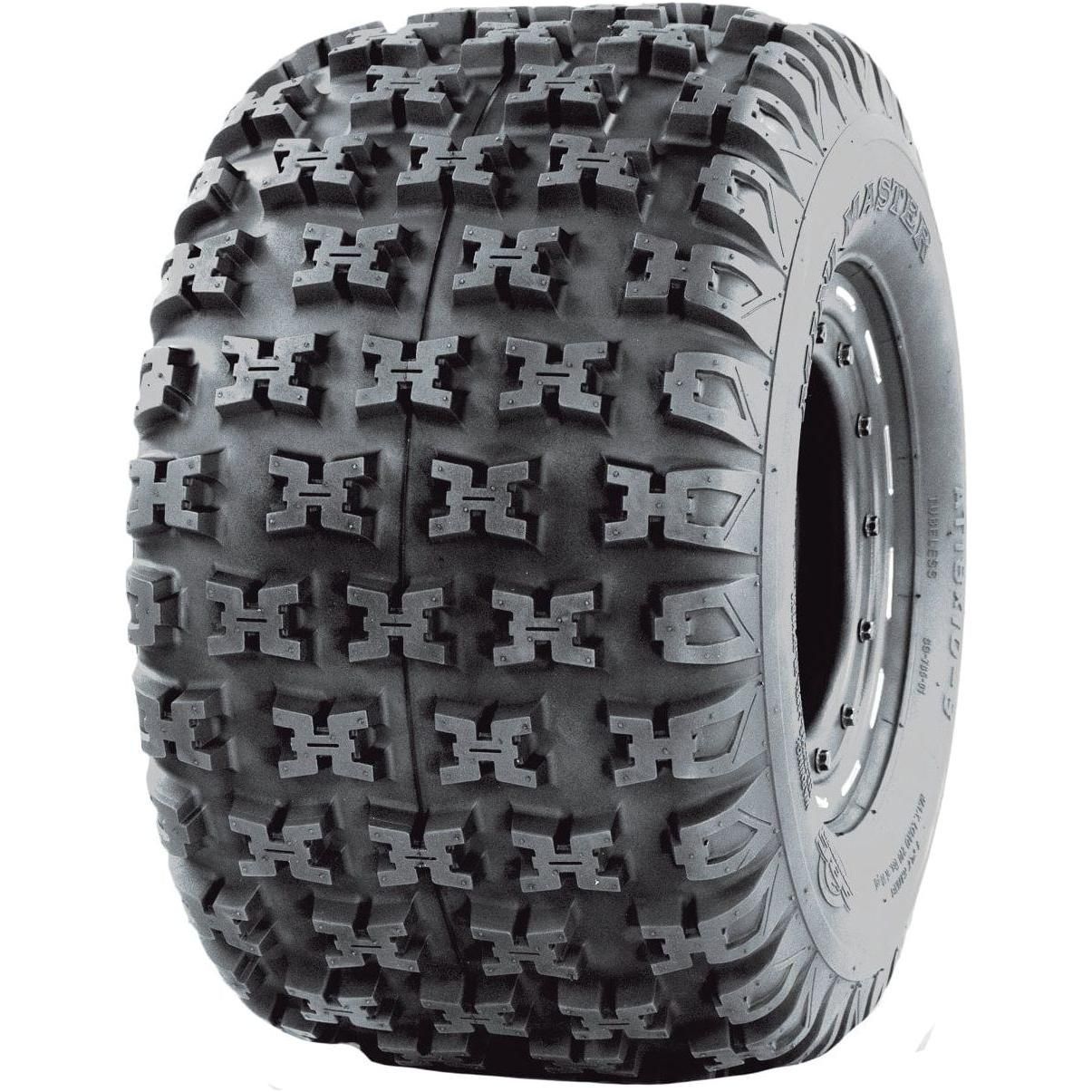 The Tire Mini Master Rear 18X10-8 Bias Lr210Lbs by GBC features deep, interlocking H-shaped tread for superior traction and acceleration on rugged terrain. Sidewall displays brand and size details. Ideal for mini ATVs.