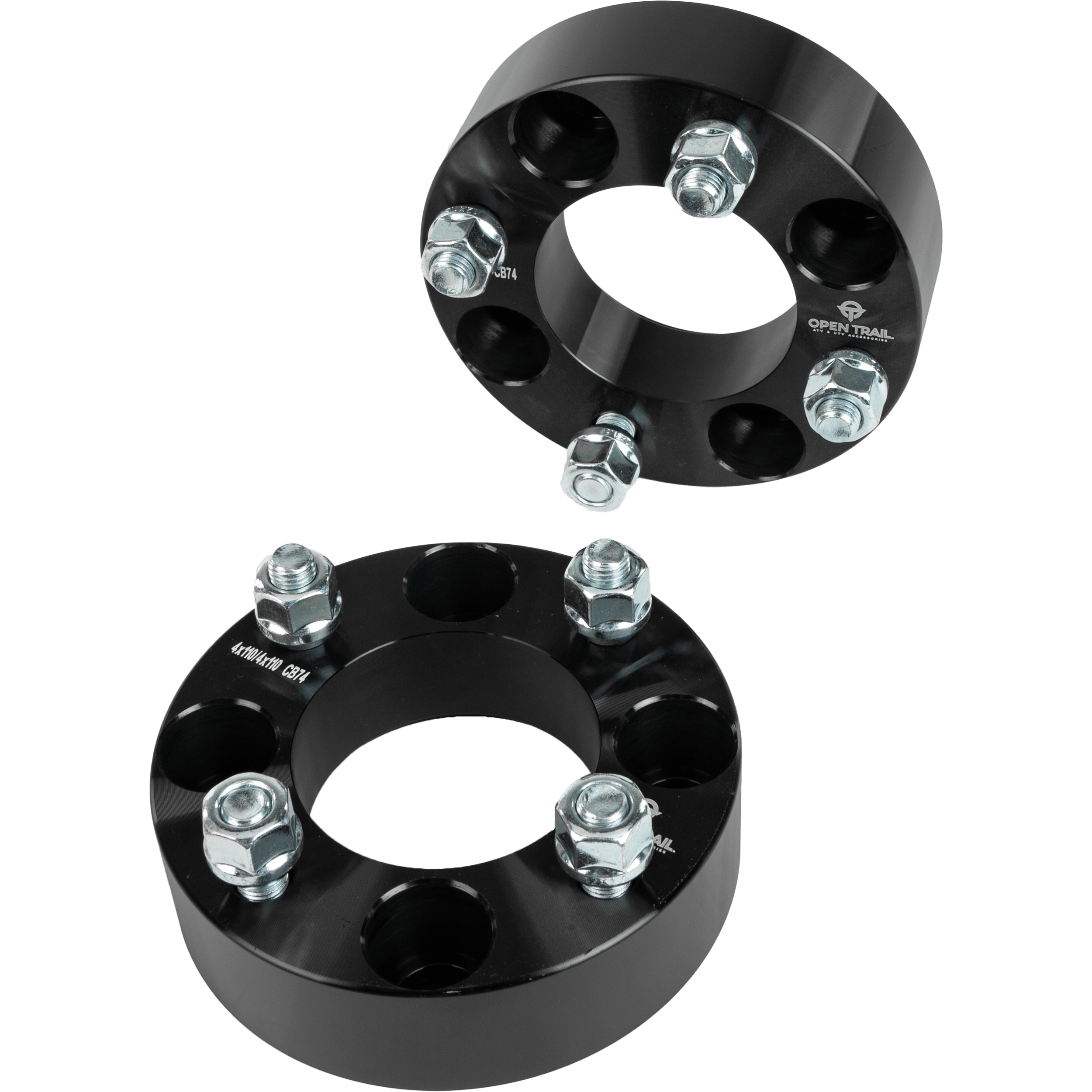 Two Wheel Spacer 1.5 4/110 Stud: 12Mm X 1.5Mm by Open Trail, in black aluminum alloy with five bolt holes and attached silver nuts, are shown on a white background.
