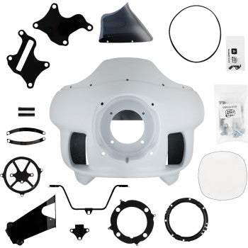 The FXRP-Style Fairing Kit by Klock Werks includes a large fairing, black brackets, round headlight bezel, screws, bolts, and gaskets—all neatly displayed on a white background.