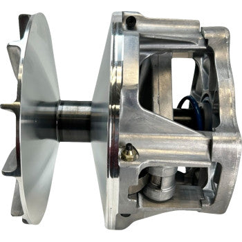 Side view of the Polaris Primary Clutch Non EBS by Moose Offroad, an aluminum mechanical component with a smooth circular disc on one side and exposed internal mechanism on the other, joined by a central axle.