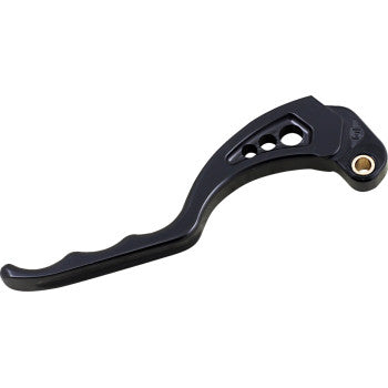 The Clutch Lever - Black by Joker Machine is a CNC-machined billet aluminum lever featuring three circular cutouts, a curved ergonomic design, and a durable black finish.
