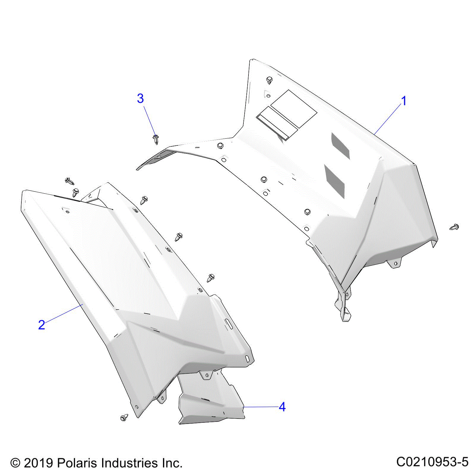 An Image of a Genuine Polaris Parts Schematic Diagram showing the schematic - BODY: REAR CAB AND HEAT SHIELDS - 2022 POLARIS SCRAMBLER XP 1000 S 55"