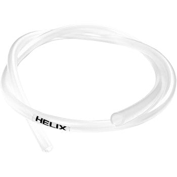 A transparent, semi-rigid Submersible Fuel Line 1/4" x 18" by Helix, labeled near one end and noted for chemical resistance, is coiled and displayed on a white background.