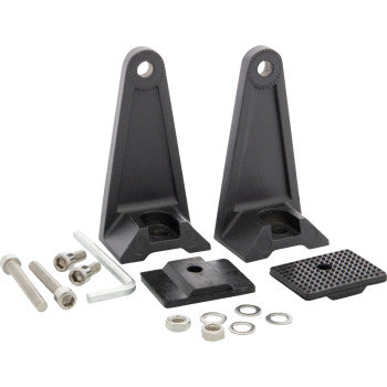 The Light Bar Mounting Bracket by Optronics Inc. includes two black metal waterproof brackets with top holes, bolts, washers, an Allen wrench, and two rectangular plates—perfect for securely mounting lights to your vehicle. Shown on a white background.