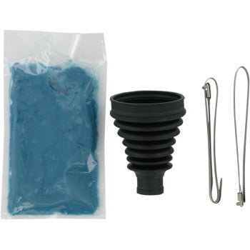 The Can Am Polaris CV Boot Kit Front Inboard by Epi includes a sealed blue gel pack of molybdenum disulfide grease, a black accordion-style CV boot, and two metal retaining clips—perfect for axle repairs.