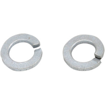 Two silver, helical M8 split lock washers are displayed side by side. Part of the Locking Washers M8 10 Pack by Bolt—ideal for motorcycle hardware or replacement use.