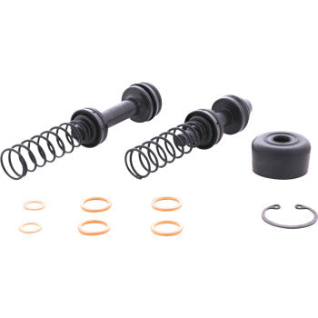 Brake master cylinder rebuild kit with black plastic pistons, metal springs, rubber seals, copper washers, and a metal snap.