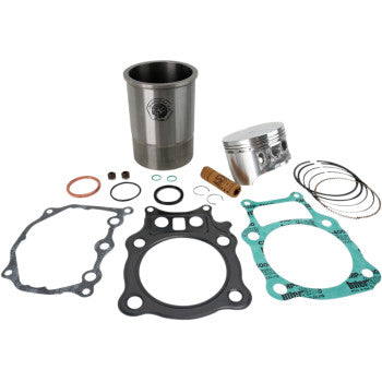 Metal piston and cylinder sleeve kit with gaskets, O-rings, piston rings, and small components laid out on white background.
