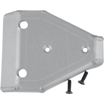 A silver 6061-T6 aluminum Rear Shock Linkage Cover by Moose Offroad, featuring three large holes and one central small hole, comes with two black screws on a white background. Ideal for chain guide or sport ATV skid plate use.