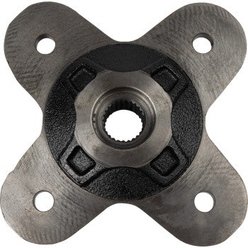 Black and silver metal Polaris wheel hub with four mounting holes and a central spline opening.