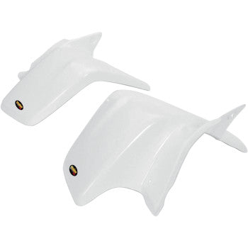 Two white, aerodynamic Maier front fenders made from high-density polyethylene feature smooth, angular designs and small black and yellow logo decals on each piece, displayed on a plain white background.