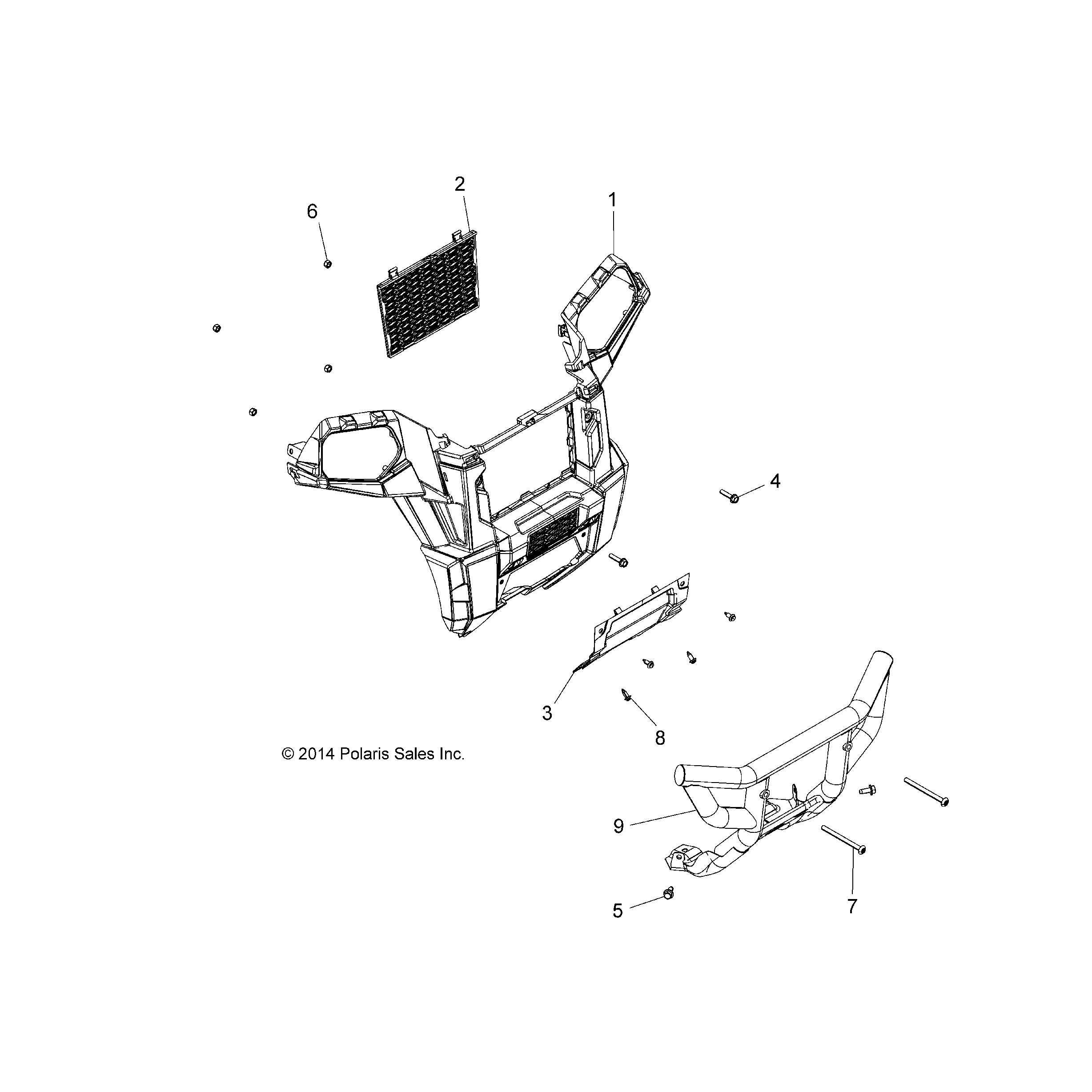 An Image of a Genuine Polaris Parts Schematic Diagram showing the schematic - BODY: FRONT BUMPER - 2015 POLARIS SCRAMBLER XP 1000