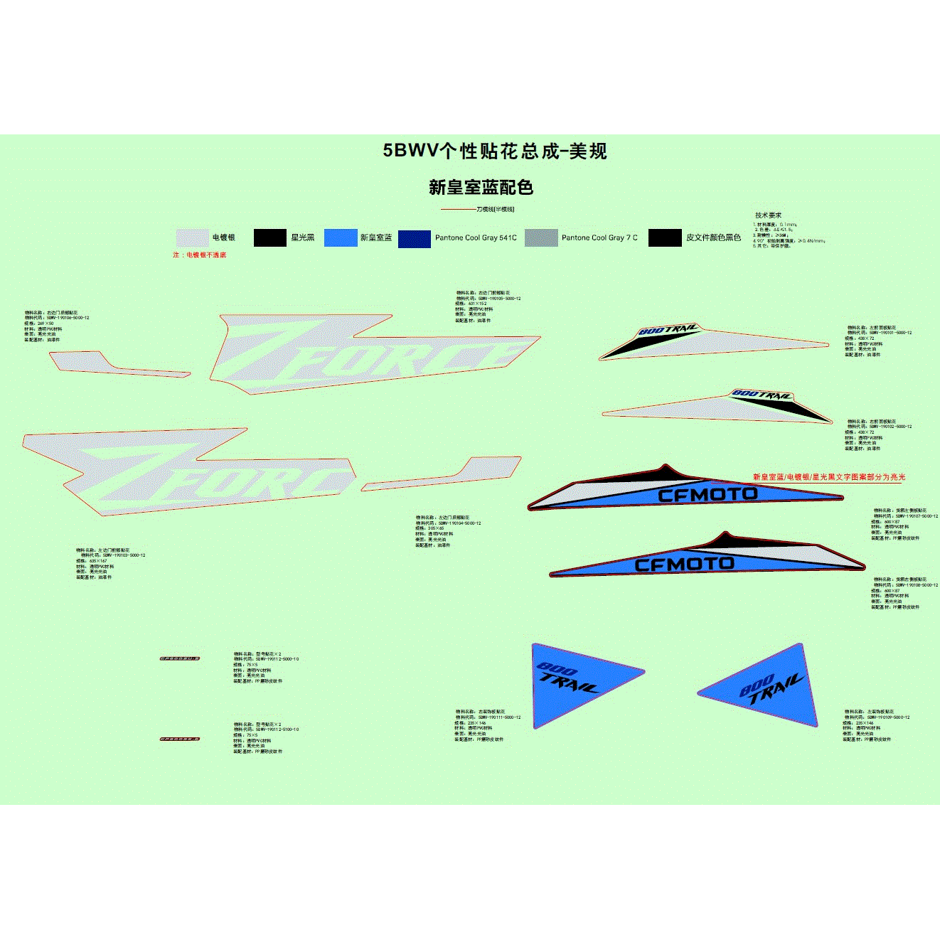 An Image of a Genuine CFMOTO Parts Schematic Diagram showing the schematic - DECAL (NEW ROYAL BLUE) - 2023 CFMOTO ZFORCE 800 Trail