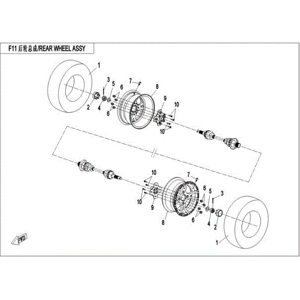 An Image of a Genuine CFMOTO Parts Schematic Diagram showing the schematic - REAR WHEEL ASSY - 2016 CFMOTO UFORCE 500