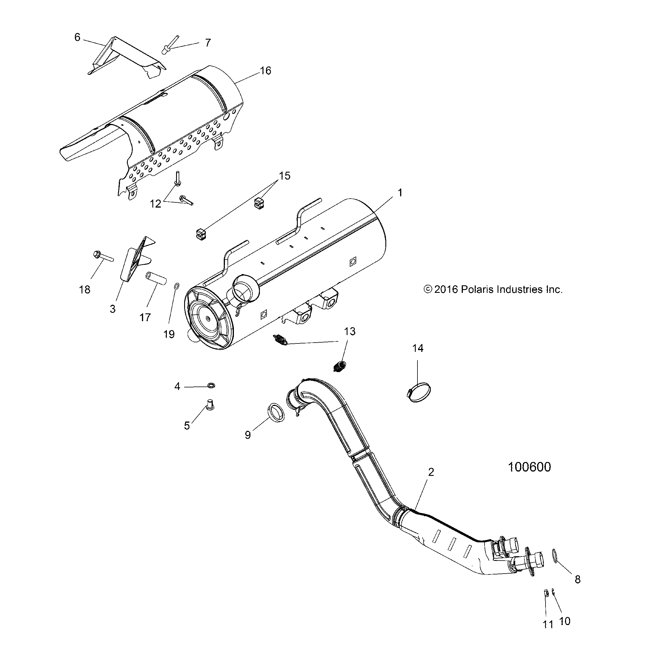 An Image of a Genuine Polaris Parts Schematic Diagram showing the schematic - ENGINE: EXHAUST - 2017 POLARIS SPORTSMAN 850 HIGH LIFTER