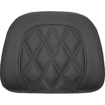 A black, rectangular Indian Roadsofa™ Sissy Bar Pad by Saddlemen with rounded edges and a lattice-stitched, perforated leather surface—ideal for an Indian sissy bar.