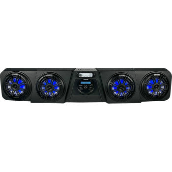 The Yamaha Wolverine Audio Shade RGB by Hoppe Industries is a black Bluetooth soundbar with four blue-lit round speakers and a central control panel with buttons and a display screen—ideal for vibrant audio setups.