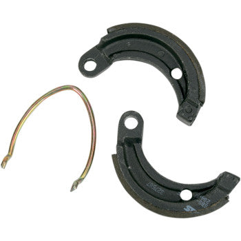 Pair of black semi-circular brake shoes with metal backing plate and a thin bent metal retaining clip.
