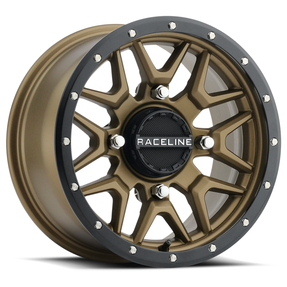 15x7 bronze ATV/UTV wheel with black outer ring and silver bolt accents, Raceline center cap.