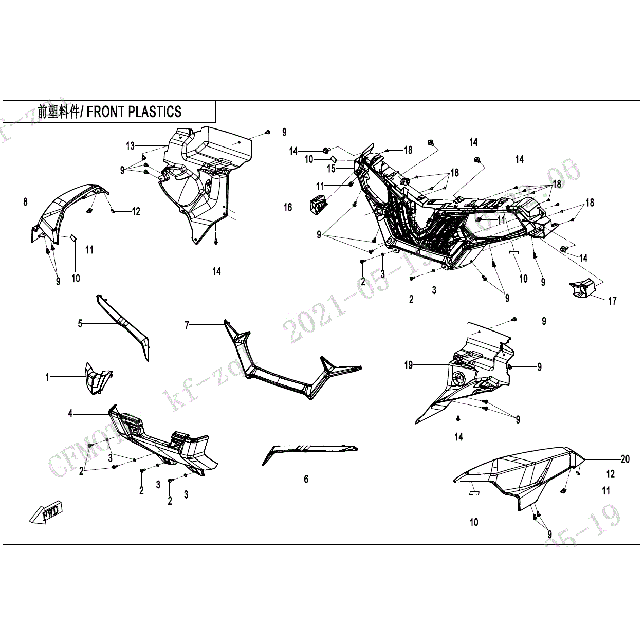 An Image of a genuine CFMOTO Parts Schematic Diagram showing the group - FRONT PLASTICS - 2025 CFMOTO CFORCE 600 TOURING