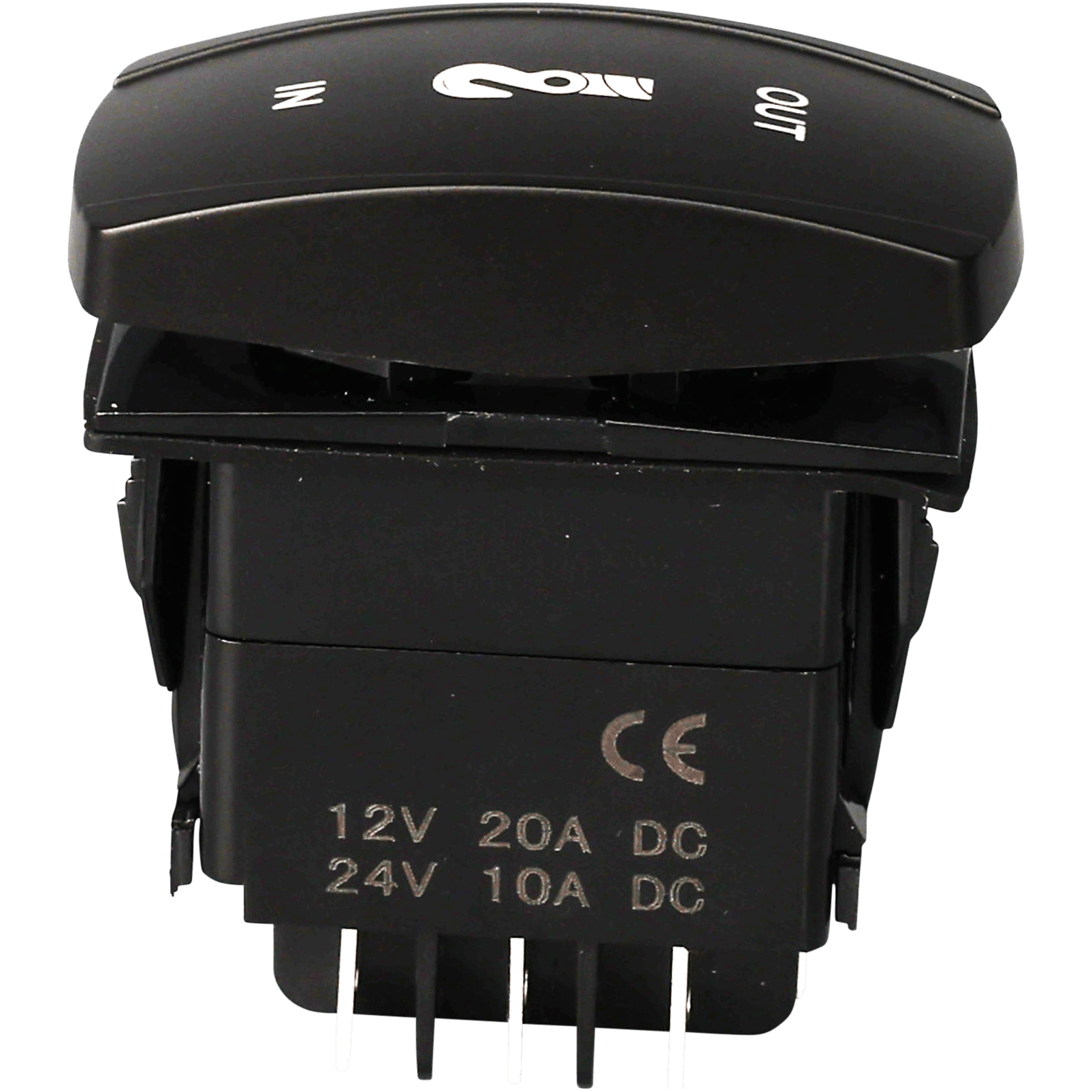 The Momentary Led Winch Switch Pro Backlit by Open Trail is weather sealed, black with white IN/OUT markings, has 12V 20A DC & 24V 10A DC ratings on the front, certification symbols, and is built for tough environments.