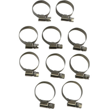 Ten Parts Unlimited Embossed Hose Clamps (16-27 mm) with screw mechanisms are arranged in a grid on a white background.