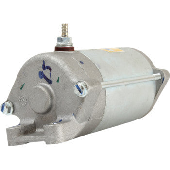 The Starter Motor by Parts Unlimited is a silver cylindrical unit with copper bushings, two mounting bolts, a top threaded terminal, and side label, shown on a white background. Built to meet OEM specifications.