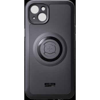 The Xtreme SPC+ Case iPhone 15 Plus by Sp Connect is a black case featuring a central circular MagSafe-compatible mount, SP logo at the bottom, and precise cutouts for the camera and flash at the top left.