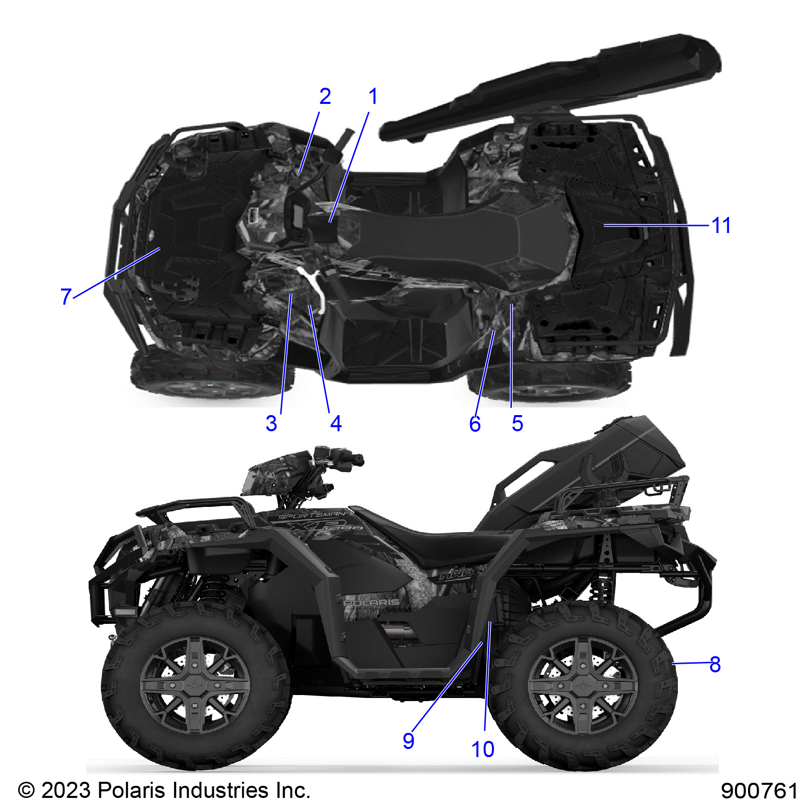 An Image of a Genuine Polaris Parts Schematic Diagram showing the schematic - BODY: DECALS GENERAL - 2025 POLARIS SPORTSMAN XP 1000 HUNTER EDITION