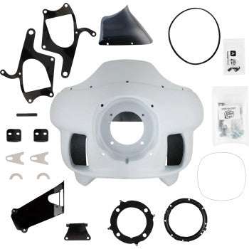 The FXRP-Style Fairing Kit by Klock Werks includes a large white fairing and neatly arranged black and silver brackets, gaskets, screws, and hardware parts for Springfield motorcycles.