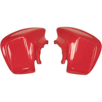 Two glossy red Front Fender Red Honda TRX R by Maier parts, made from high-density polyethylene, feature notched areas for fitting onto the mirror assembly and are positioned facing each other.