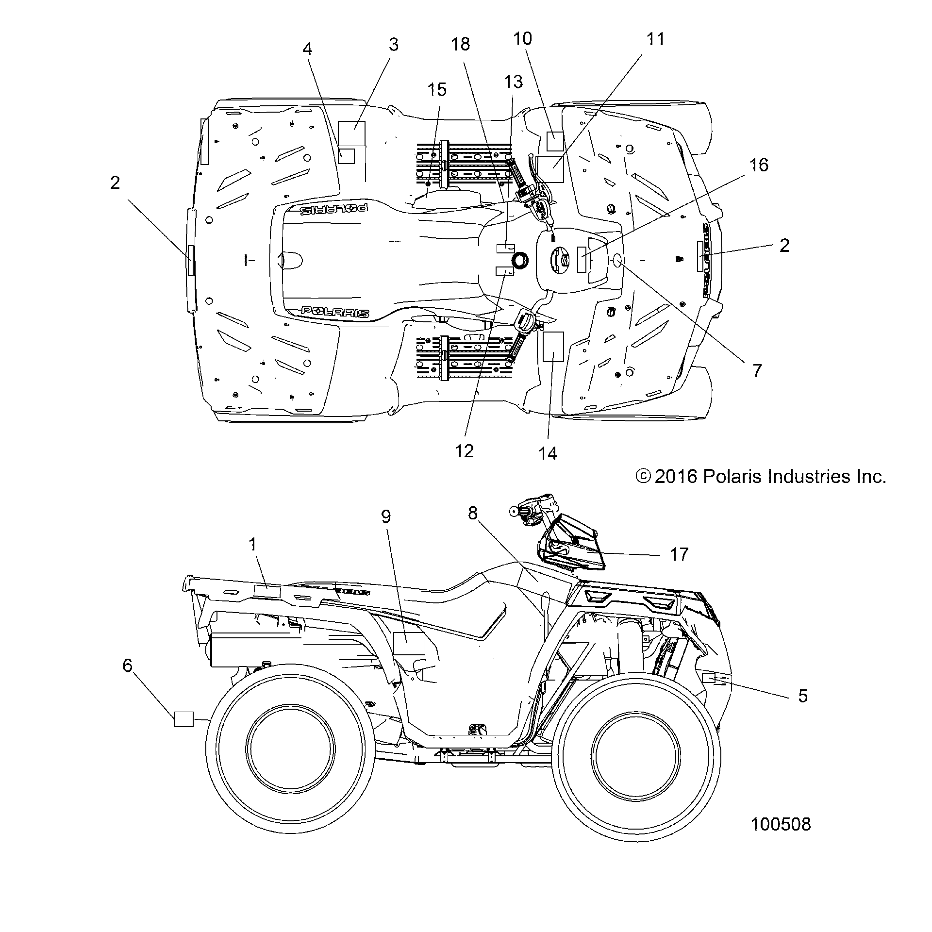 An Image of a Genuine Polaris Parts Schematic Diagram showing the schematic - BODY: DECALS - 2017 POLARIS SPORTSMAN 570 SP